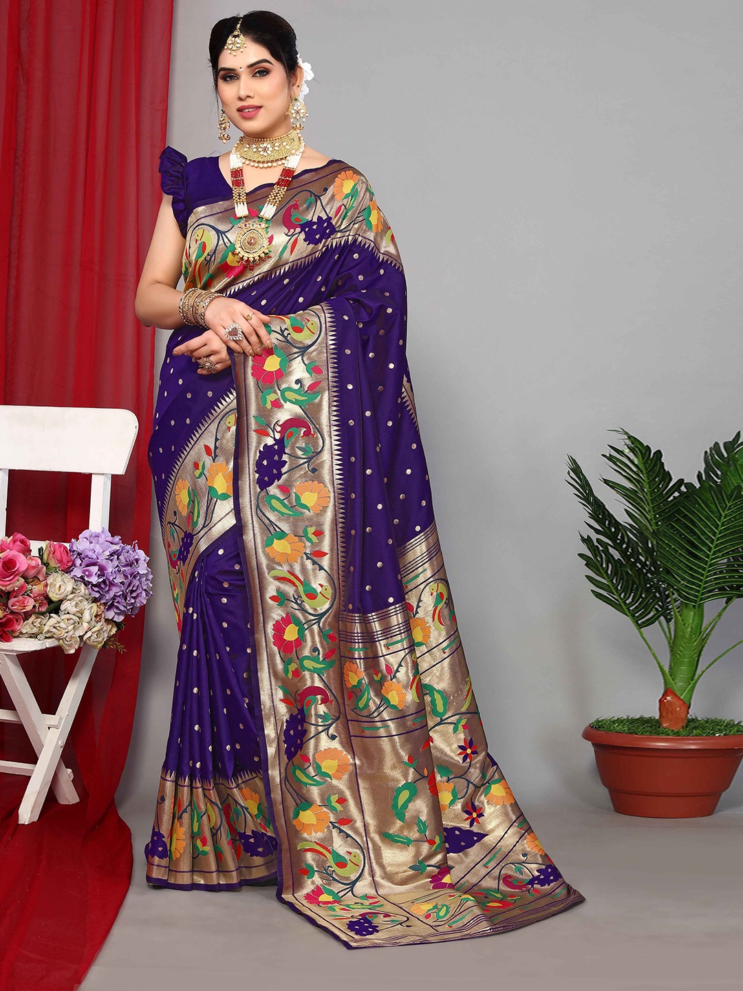 

Rhey Ethnic Motifs Woven Design Zari Pure Silk Paithani Saree, Purple