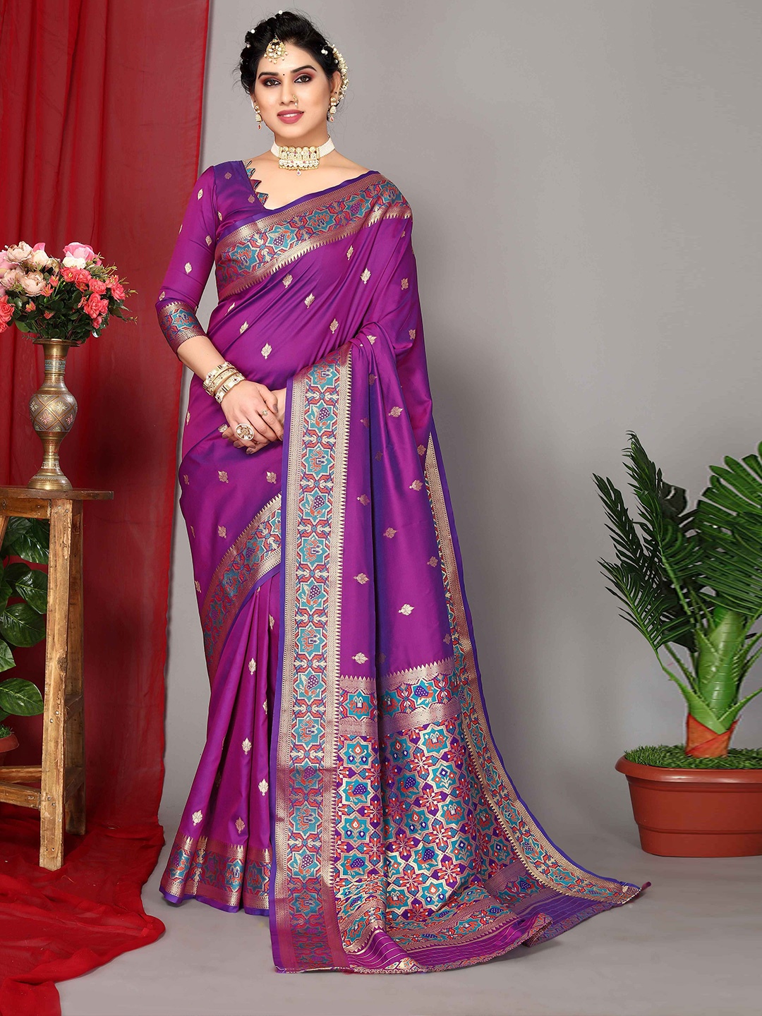 

Rhey Woven Design Zari Pure Silk Paithani Saree, Purple