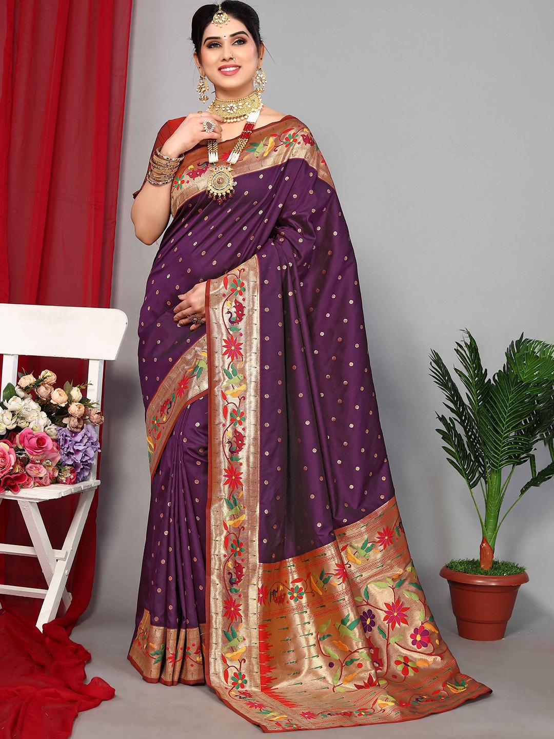 

Rhey Ethnic Motif Zari Woven Pure Silk Paithani Saree, Purple