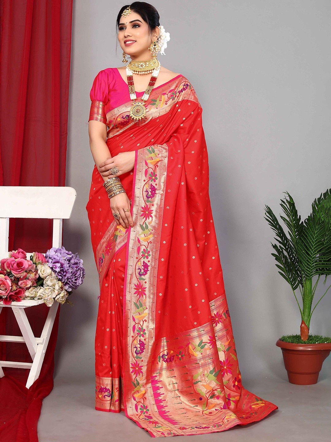 

Rhey Woven Designed Zari Pure Silk Paithani Saree, Red