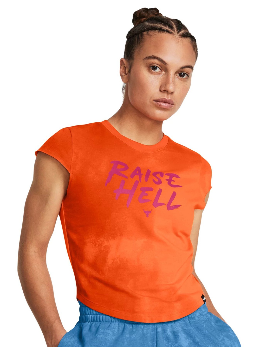 

UNDER ARMOUR Project Rock Underground Printed Slim-Fit Cap Sleeves T-Shirt, Orange