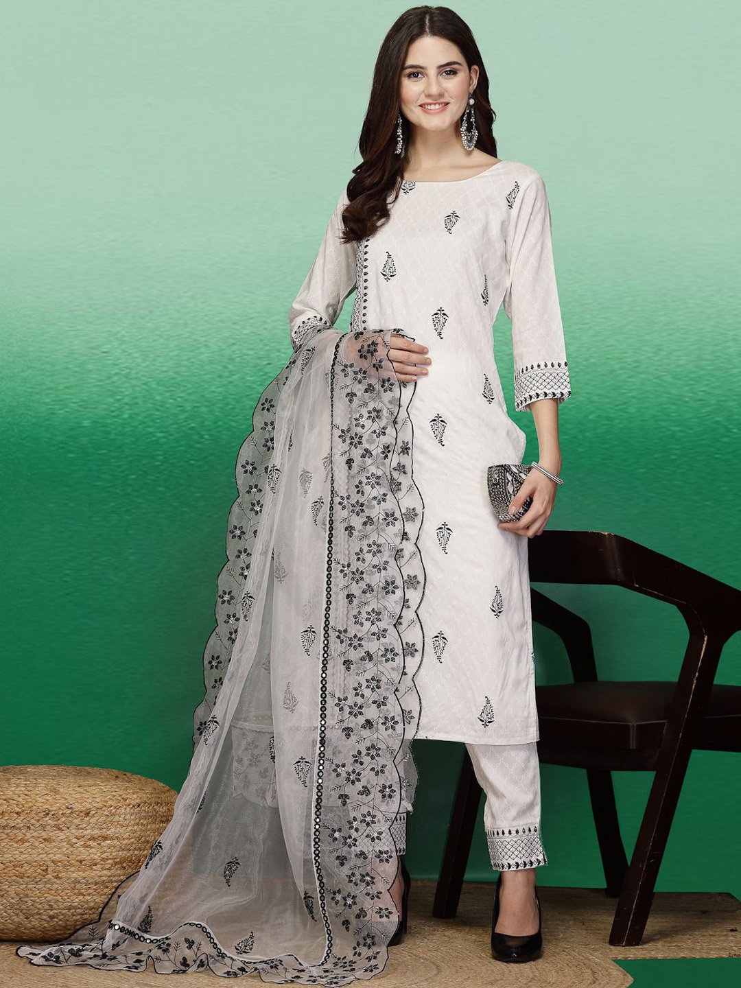 

Ramas Floral Embroidered Regular Thread Work Kurta with Trousers & Dupatta, White