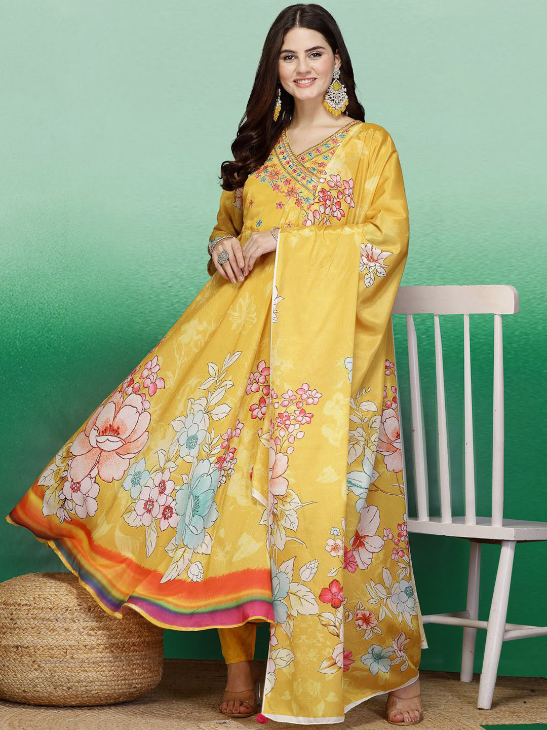 

Ramas Floral Embroidered Regular Sequinned Kurta with Trousers & Dupatta, Yellow
