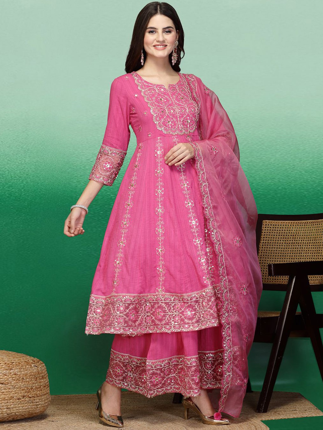 

Ramas Floral Embroidered Regular Sequinned Pure Cotton Kurta with Sharara & Dupatta, Pink