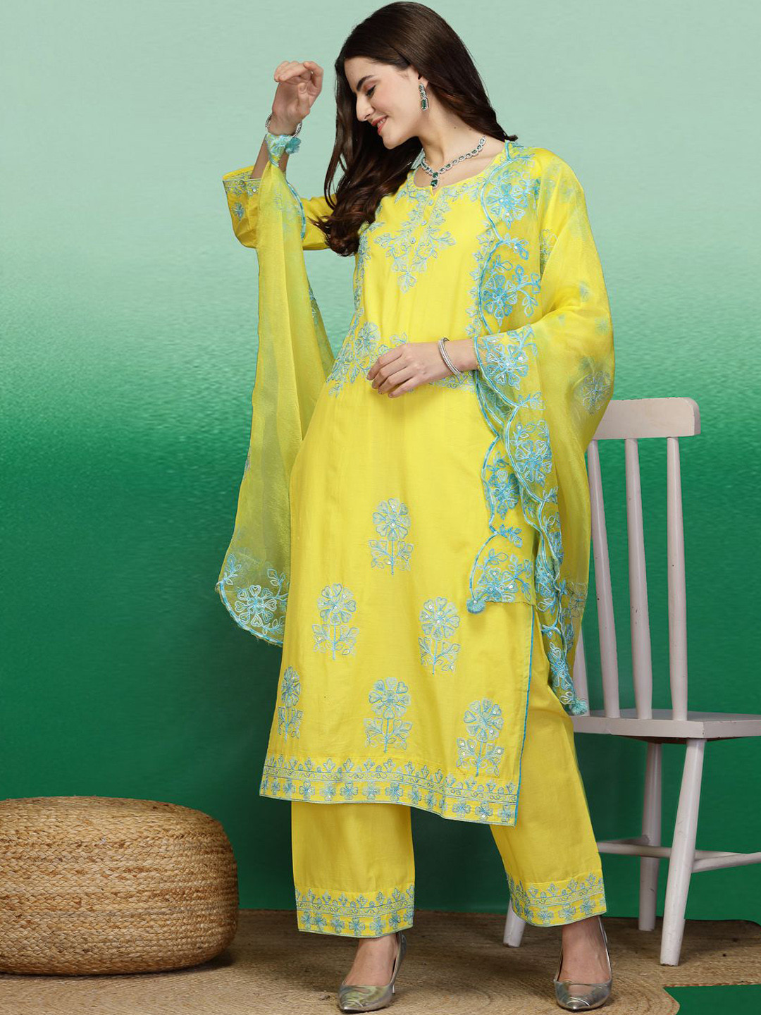 

Ramas Floral Embroidered Regular Sequinned Pure Cotton Kurta with Trousers & Dupatta, Yellow