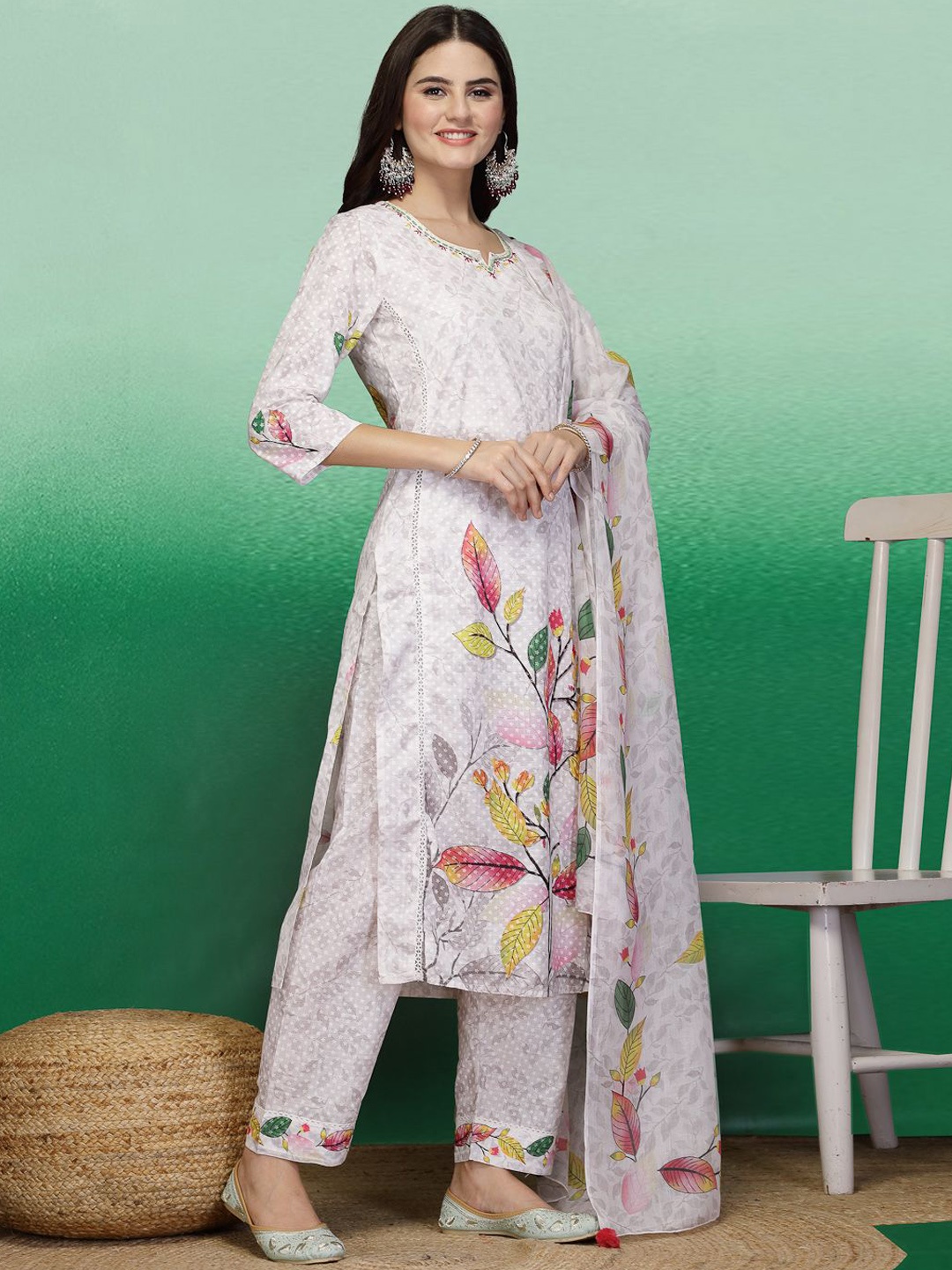 Ramas Floral Printed Regular Kantha Work Pure Cotton Kurta with Trousers & Dupatta, White