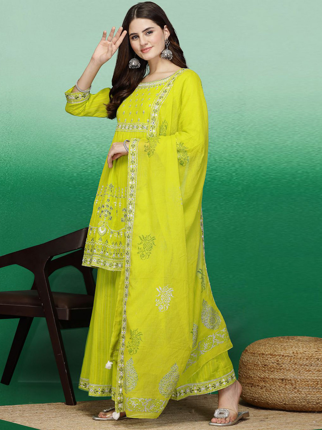 

Ramas Floral Embroidered Regular Mirror Work Pure Cotton Kurta with Sharara & Dupatta, Lime green