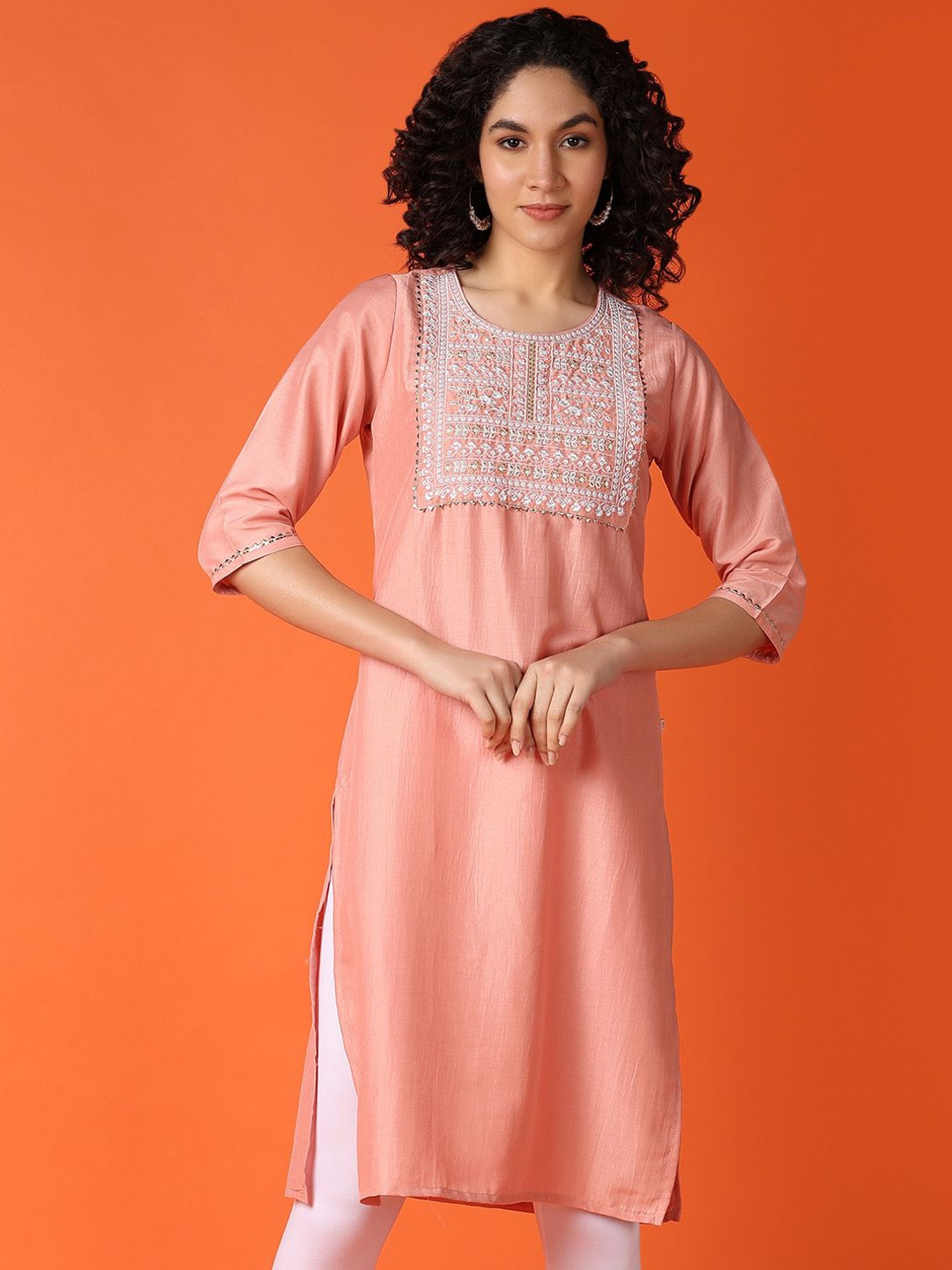 

UNLIMITED Floral Yoke Design Round Neck Three-Quarter Sleeves Thread Work Straight Kurta, Peach