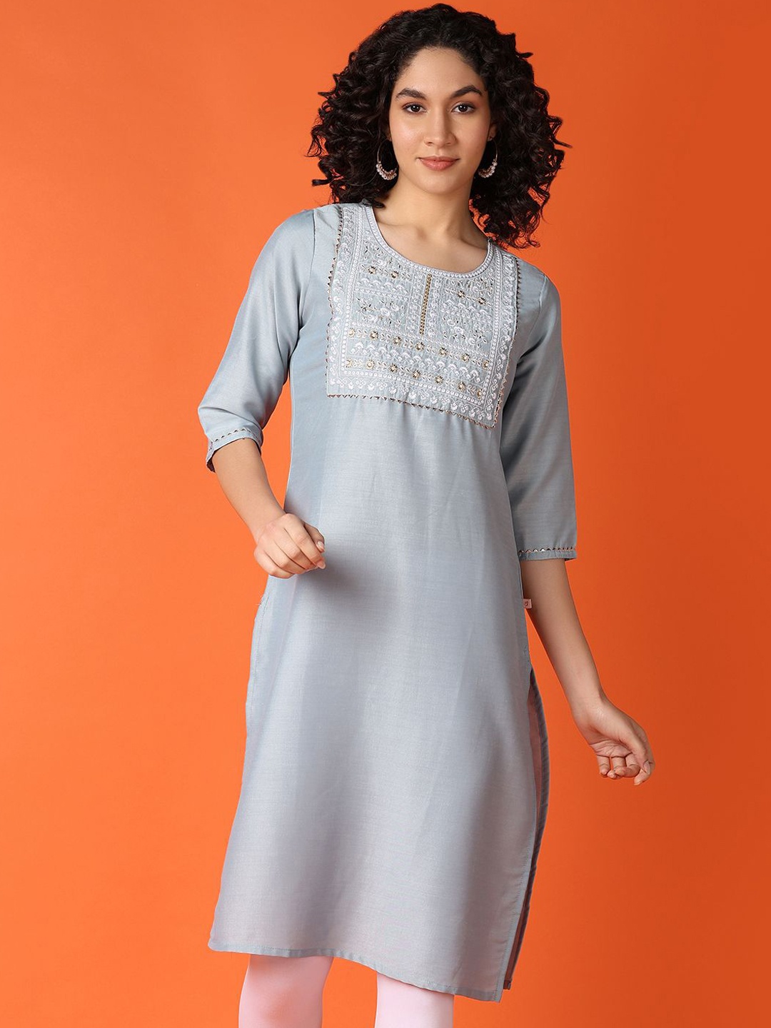 

UNLIMITED Floral Yoke Design Gotta Patti Straight Kurta, Grey