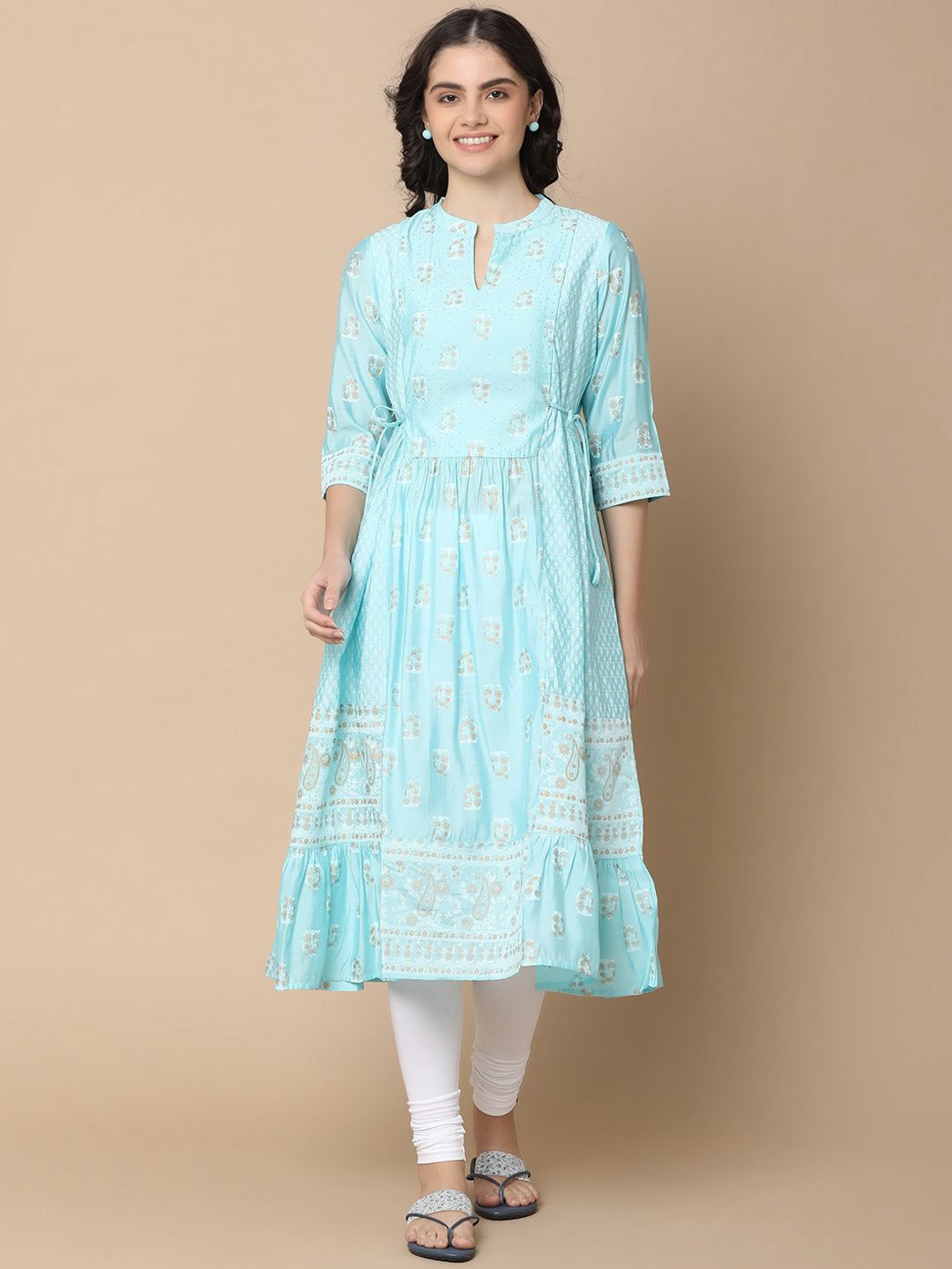 

UNLIMITED Floral Printed Mandarin Collar Sequined Pleated Anarkali Kurta, Blue