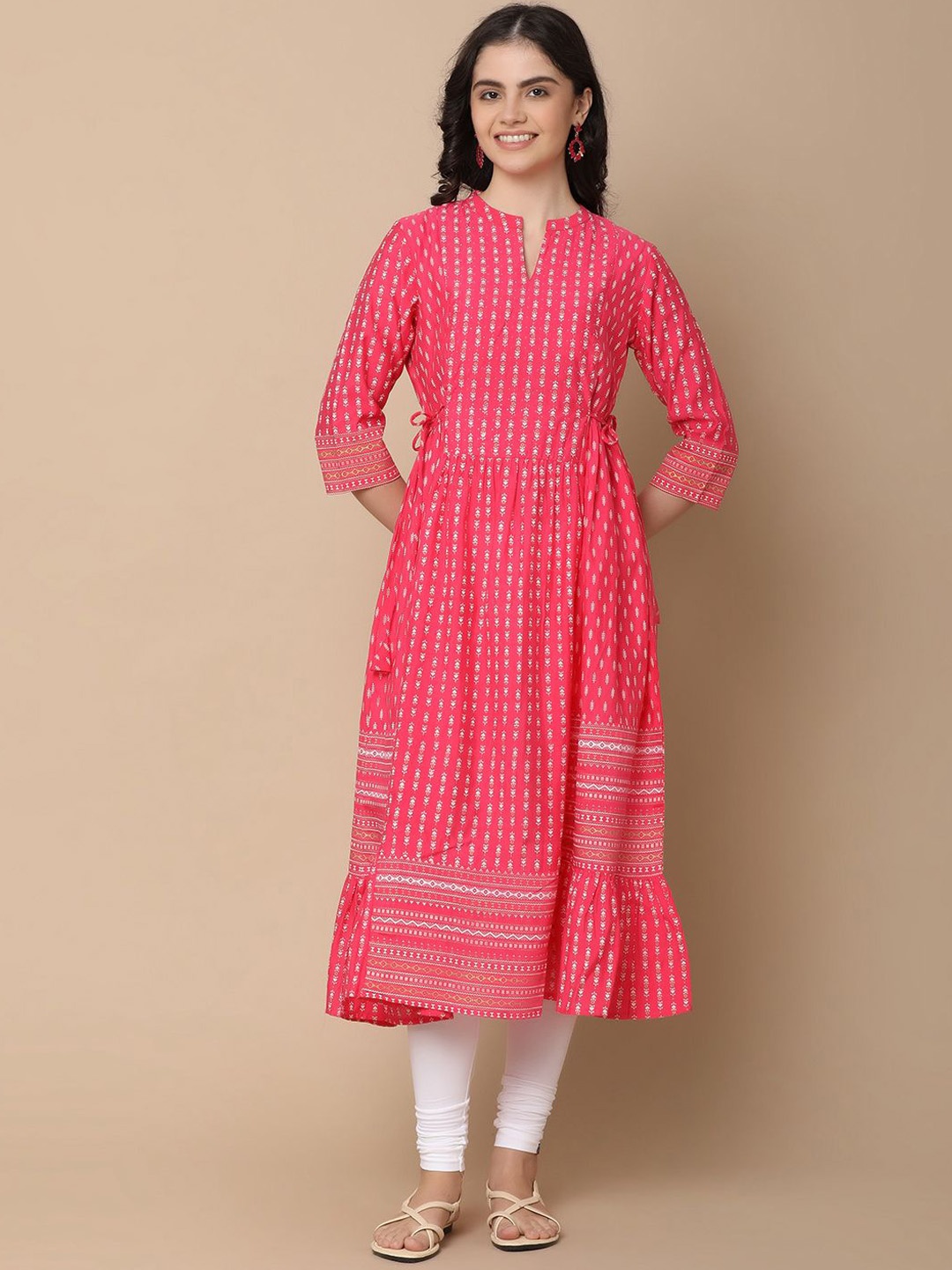 

UNLIMITED Women Printed Flared Sleeves Thread Work Anarkali Kurta, Pink