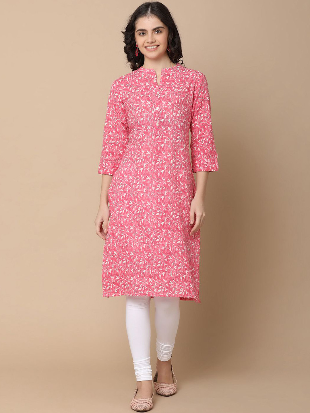 

UNLIMITED Floral Printed Mandarin Collar Cotton Cambric Straight Kurta, Pink