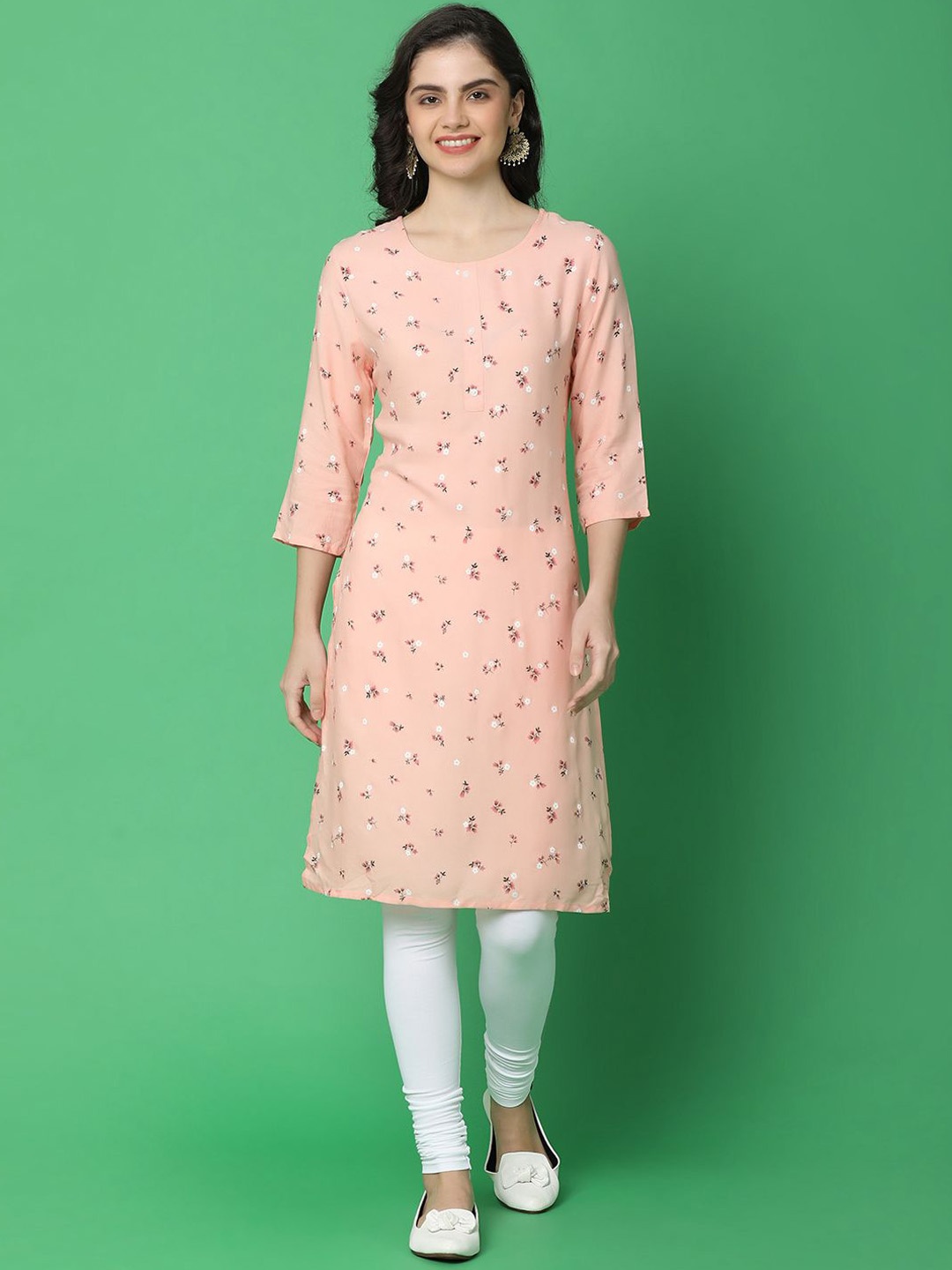 

UNLIMITED Floral Printed Round Neck Three-Quarter Sleeves Straight Kurta, Peach