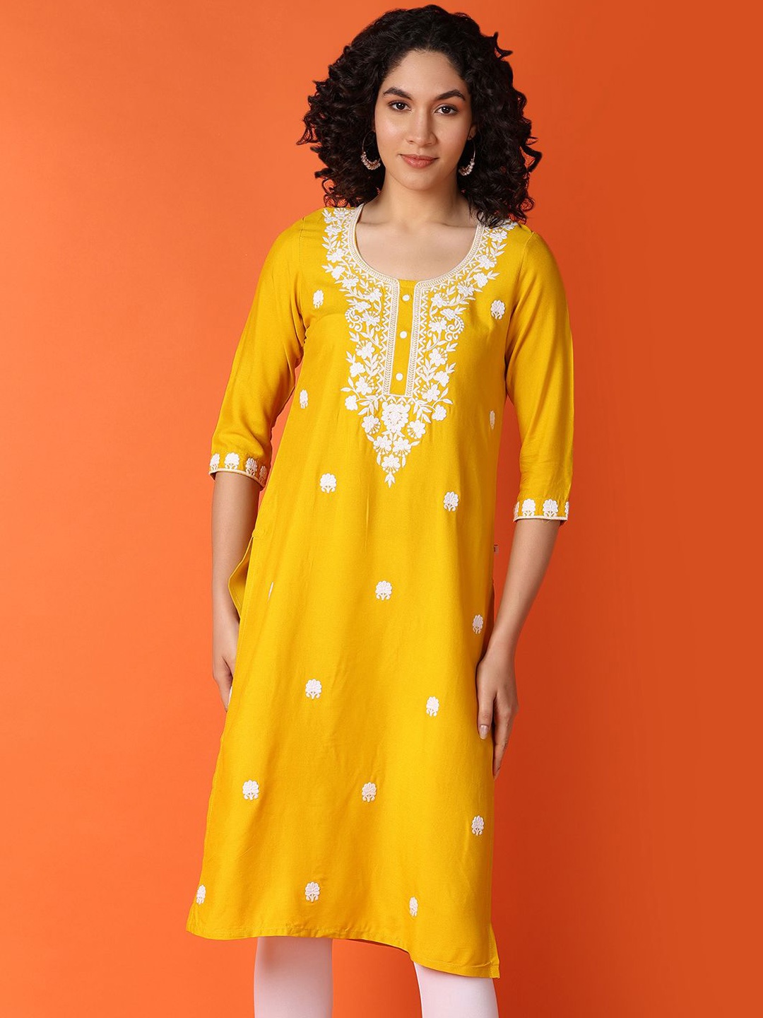 

UNLIMITED Floral Embroidered Round Neck Thread Work Straight Kurta, Yellow