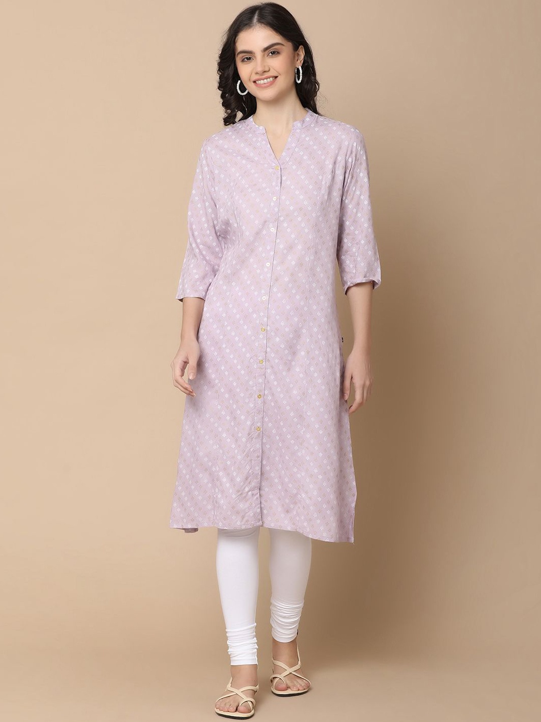 

UNLIMITED Floral Printed Mandarin Collar Three-Quarter Sleeves A-Line Kurta, Mauve