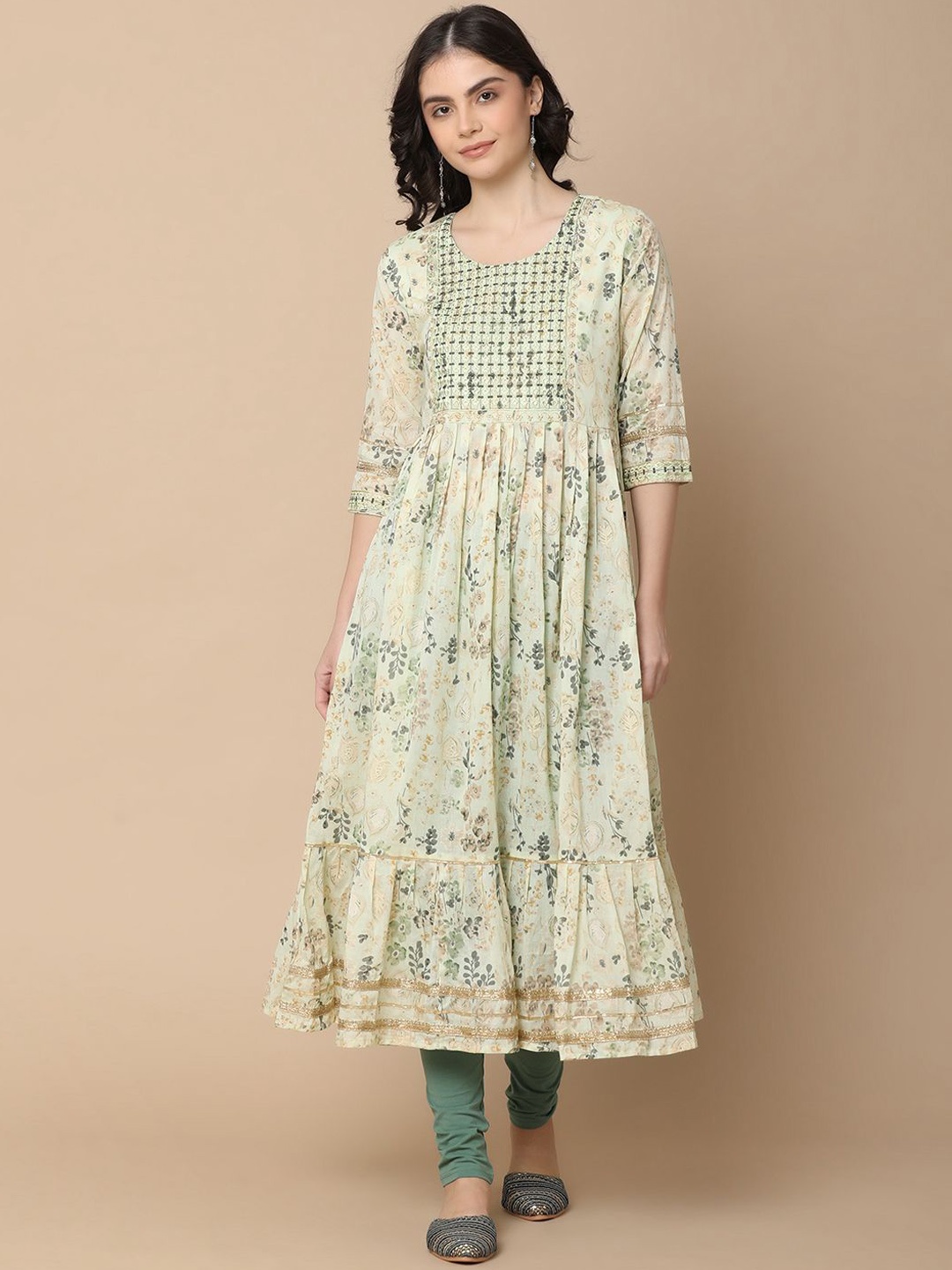 

UNLIMITED Floral Printed Thread Work Pleated Anarkali Kurta, Sea green