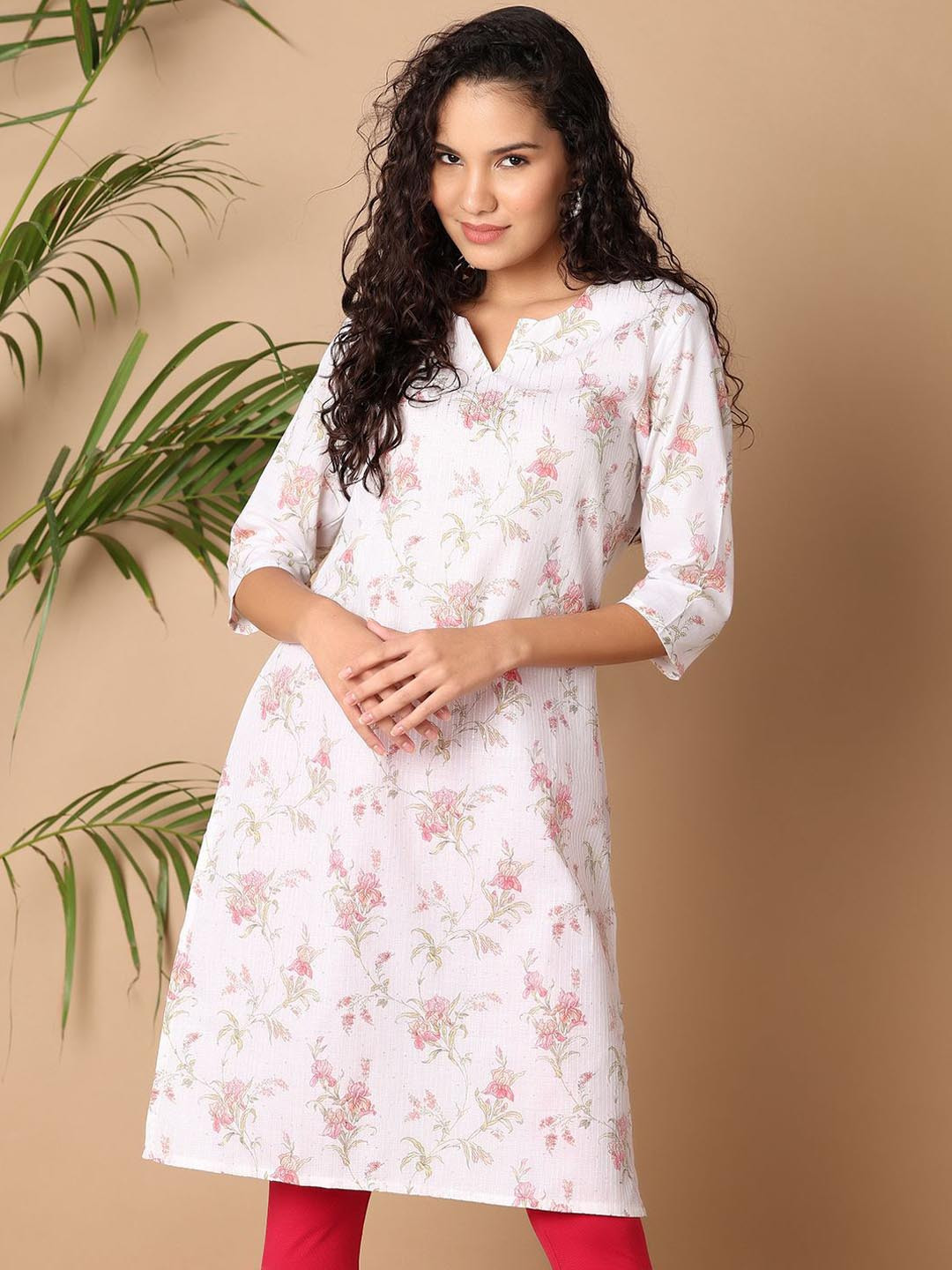

UNLIMITED Floral Printed Notch Thread Work Straight Kurta, Off white