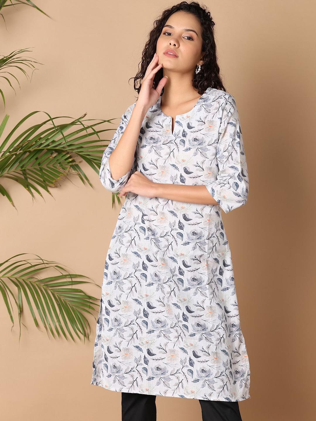 

UNLIMITED Floral Printed Notch Neck Thread Work Straight Kurta, Off white