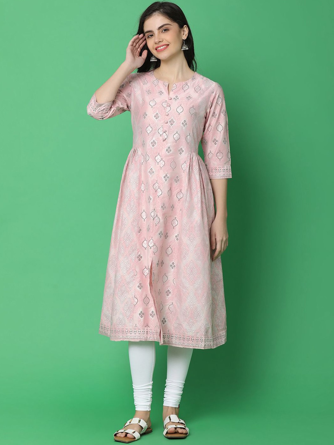 

UNLIMITED Ethnic Motifs Printed Notch Neck Pleated A-Line Kurta, Pink