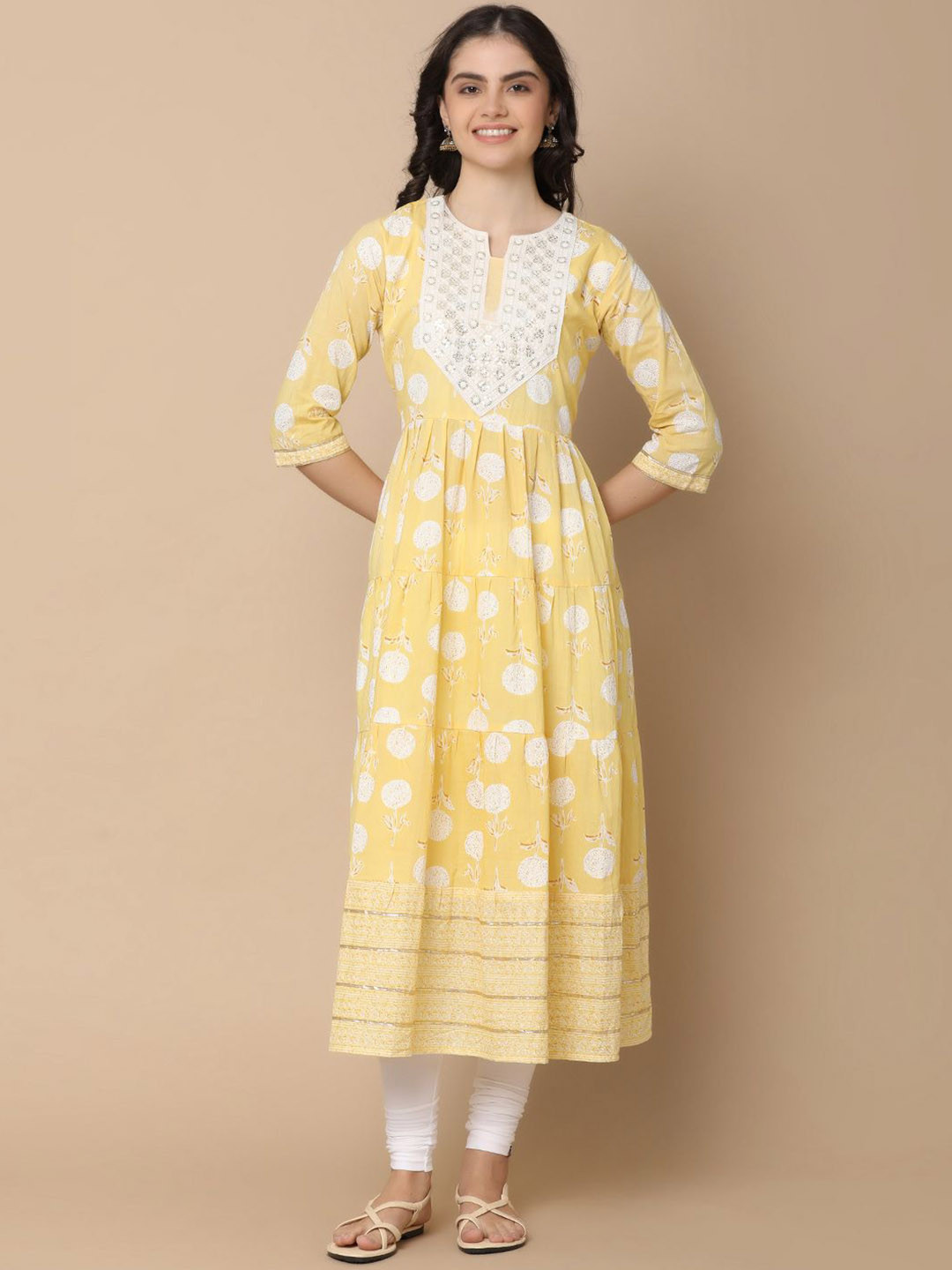 

UNLIMITED Floral Embroidered Sequined Pleated Cotton A-Line Kurta, Yellow