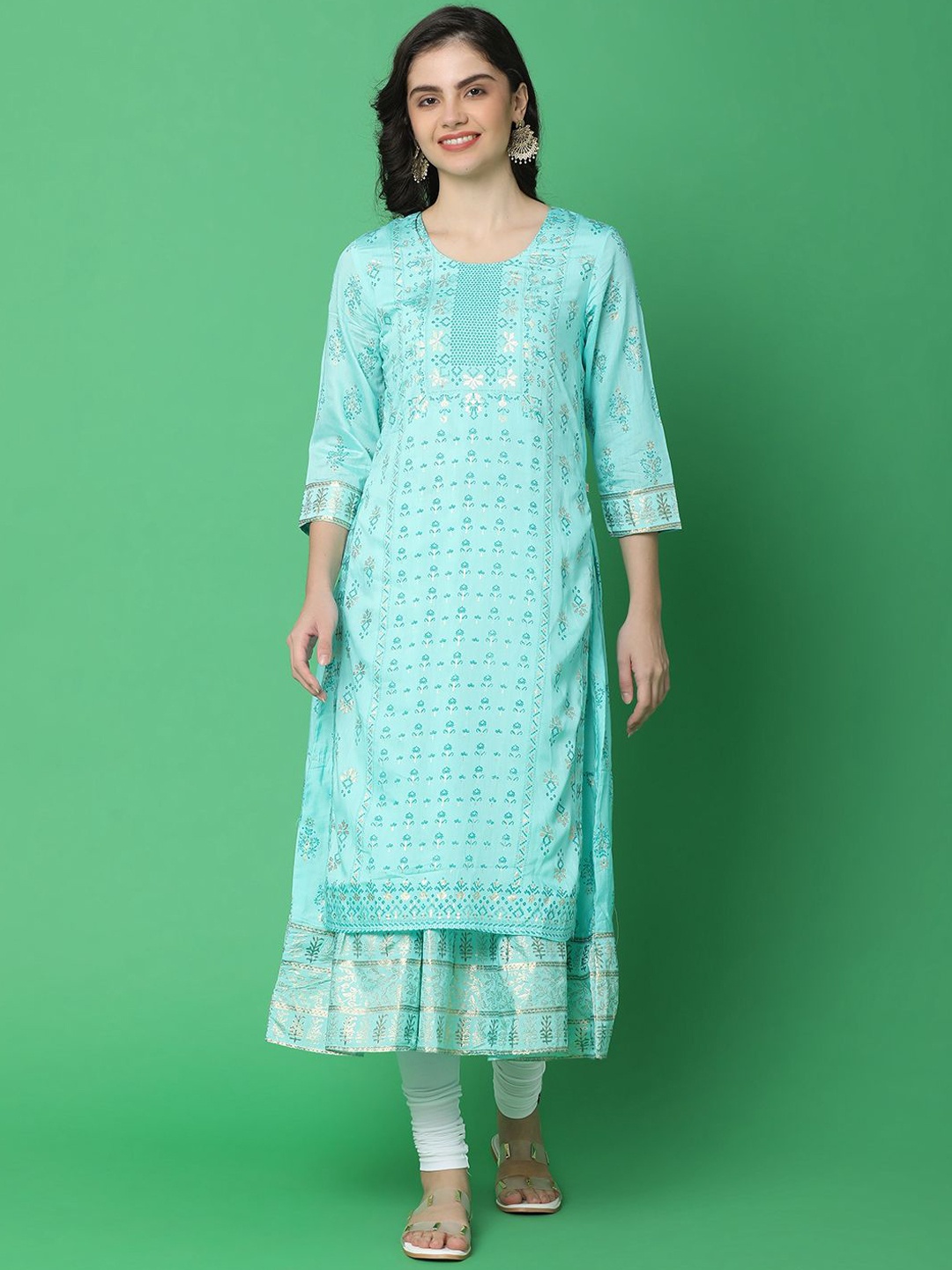 

UNLIMITED Women Dyed Flared Sleeves Anarkali Kurta, Turquoise blue