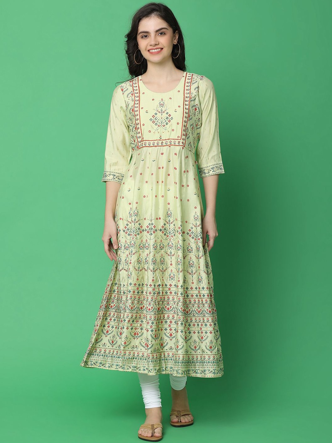 

UNLIMITED Floral Printed Round Neck Three-Quarter Sleeves A-Line Kurta, Lime green