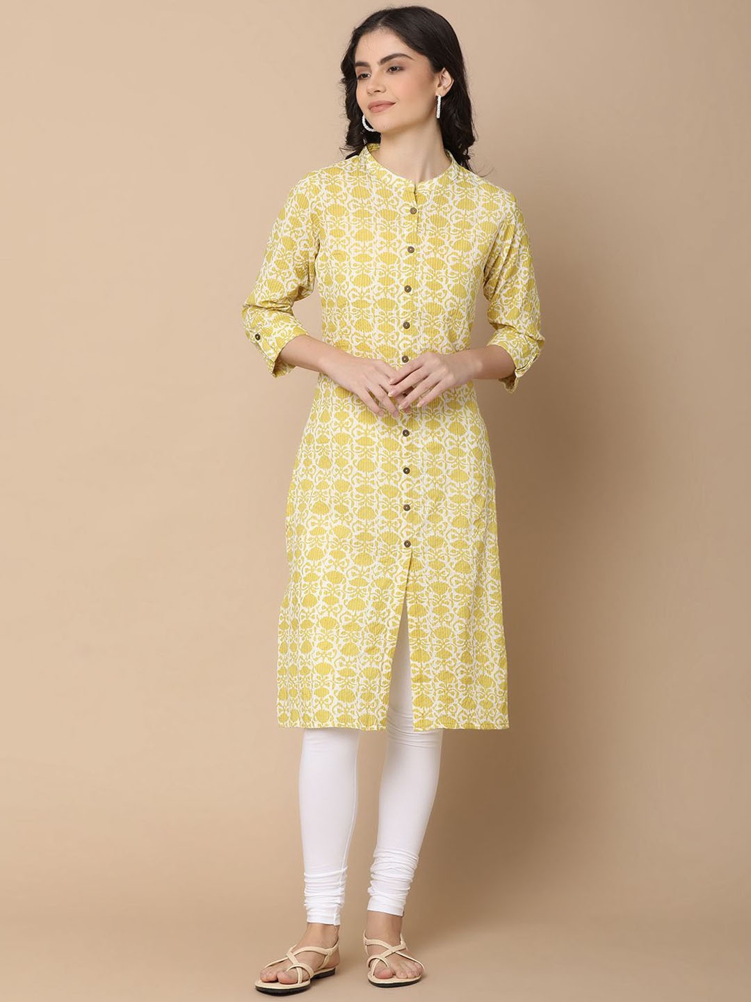 

UNLIMITED Ethnic Motifs Printed Mandarin Collar Cotton Cambric Straight Kurta, Yellow