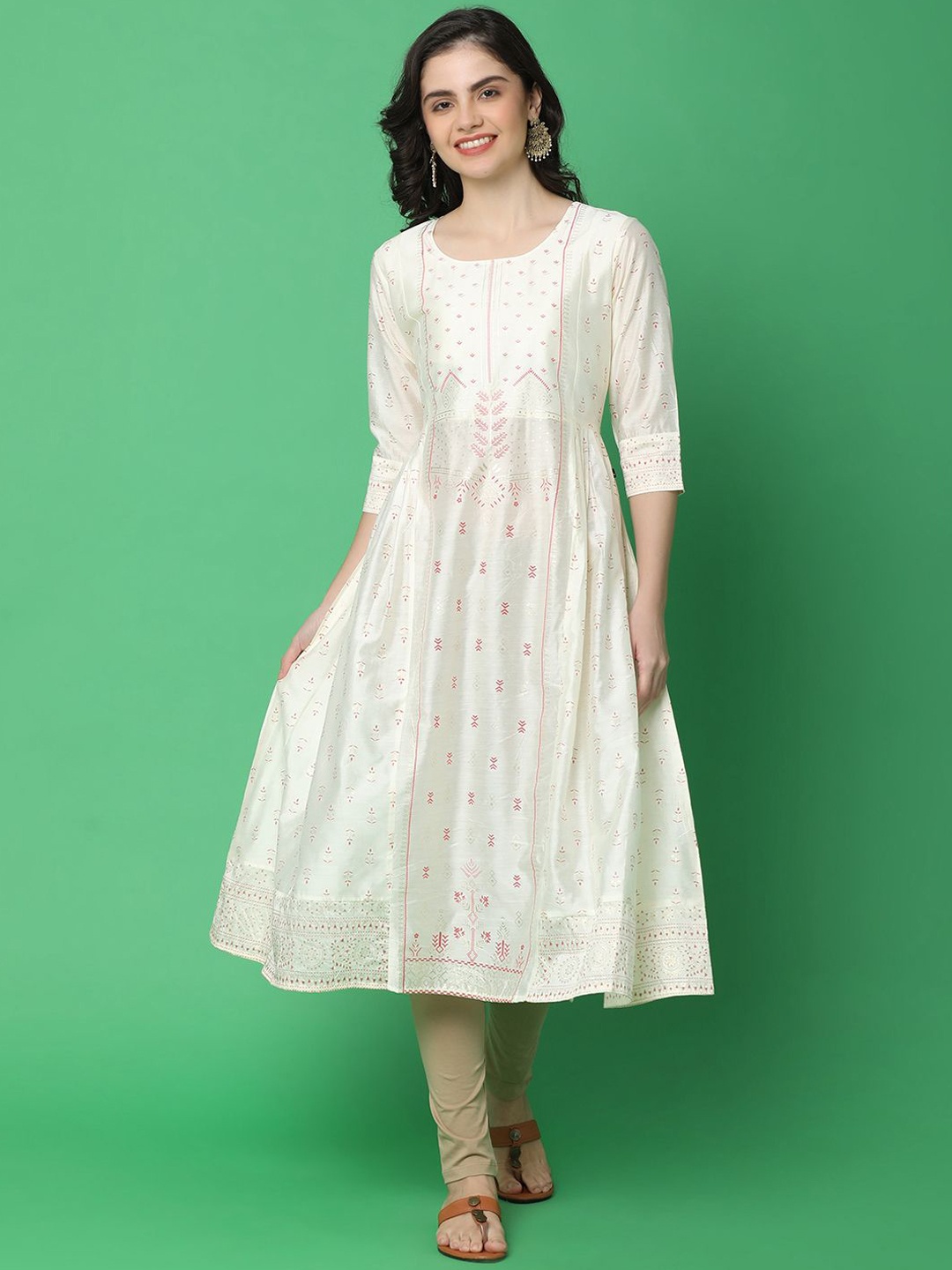 

UNLIMITED Ethnic Motifs Printed Round Neck Pleated A-Line Kurta, Cream