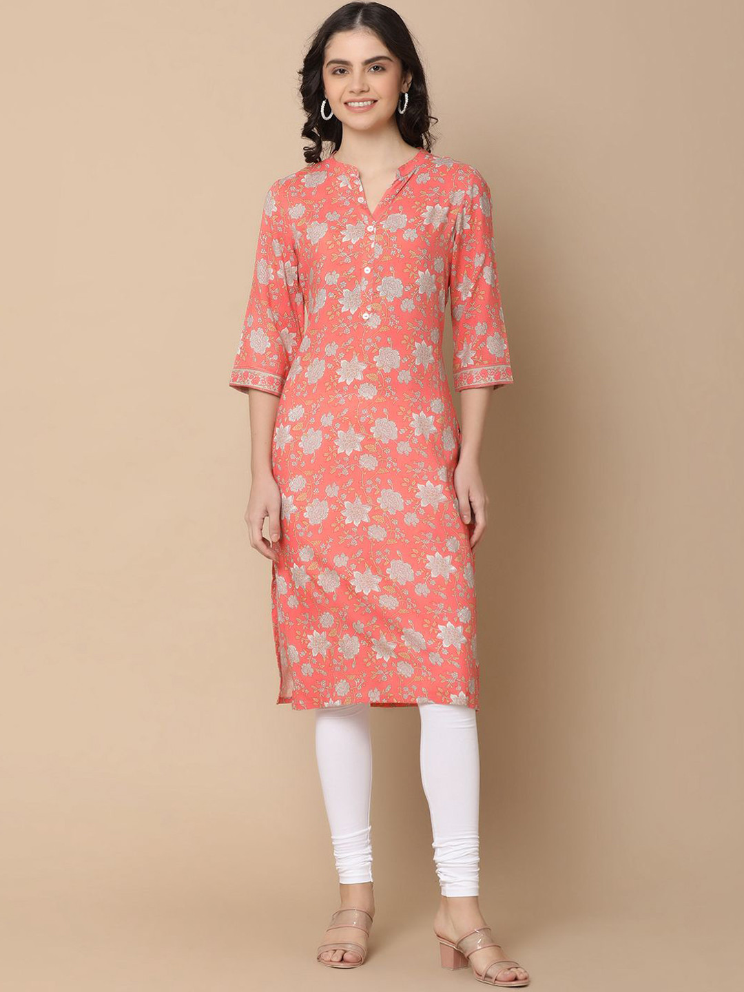 

UNLIMITED Floral Printed Mandarin Collar Straight Kurta, Coral