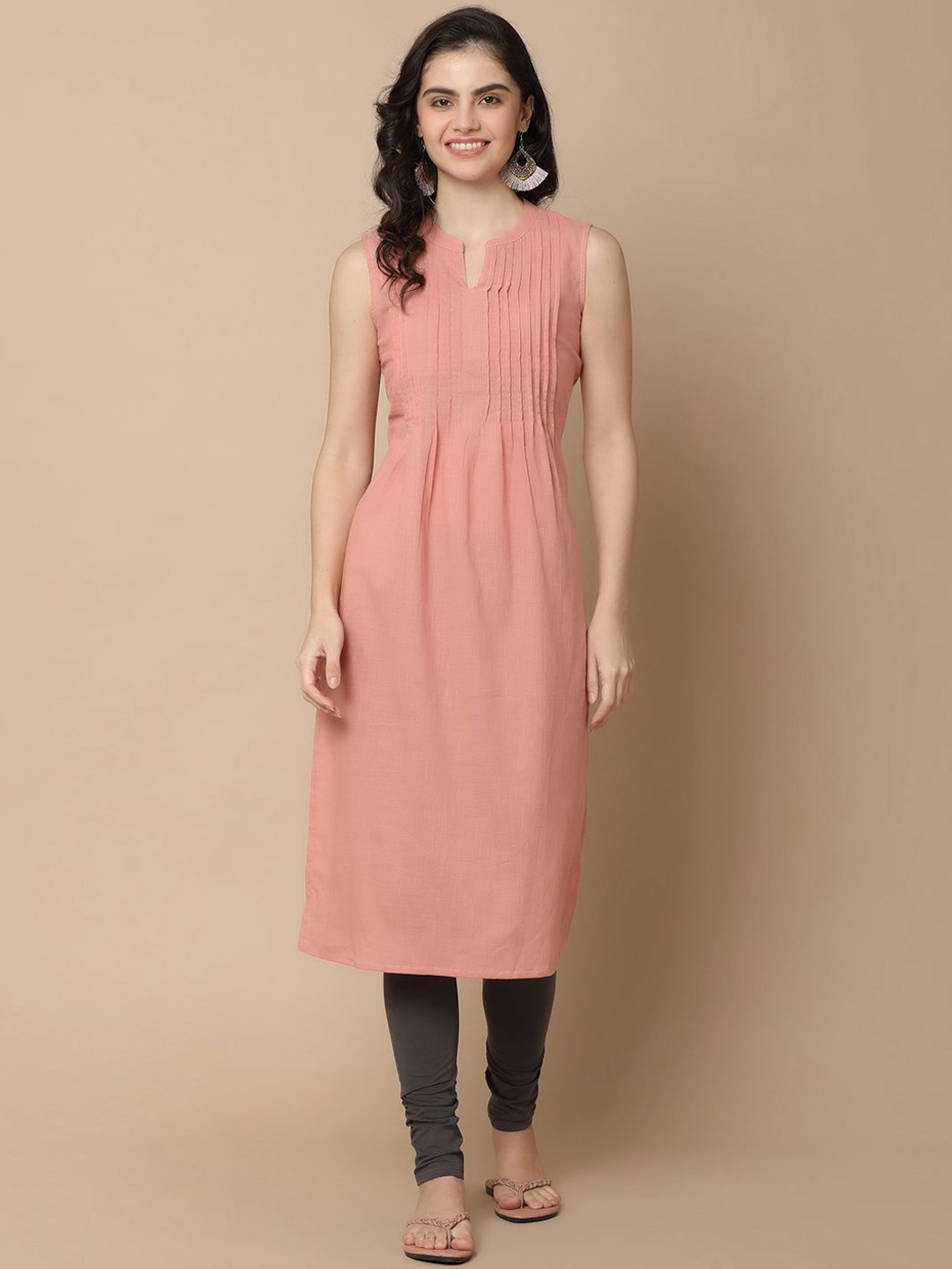 

UNLIMITED Mandarin Collar Sleeveless Pleated Cotton Straight Kurta, Peach