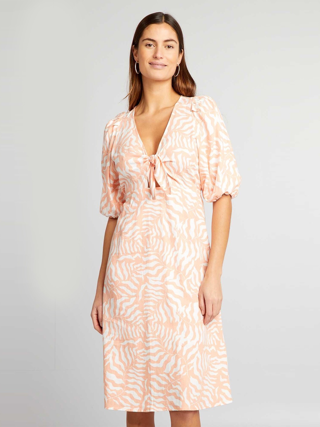 

KIABI Women Print Puff Sleeves A-Line Dress, Orange