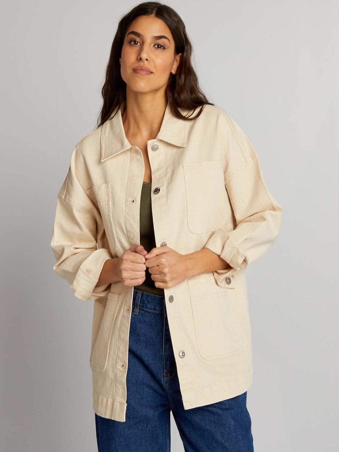 

KIABI Women Floral Longline Tailored Jacket, Beige