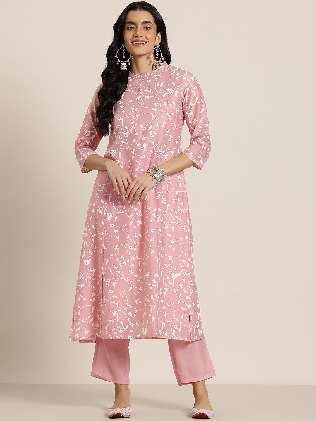 

HERE&NOW Floral Printed Regular Kurta with Trousers, Pink