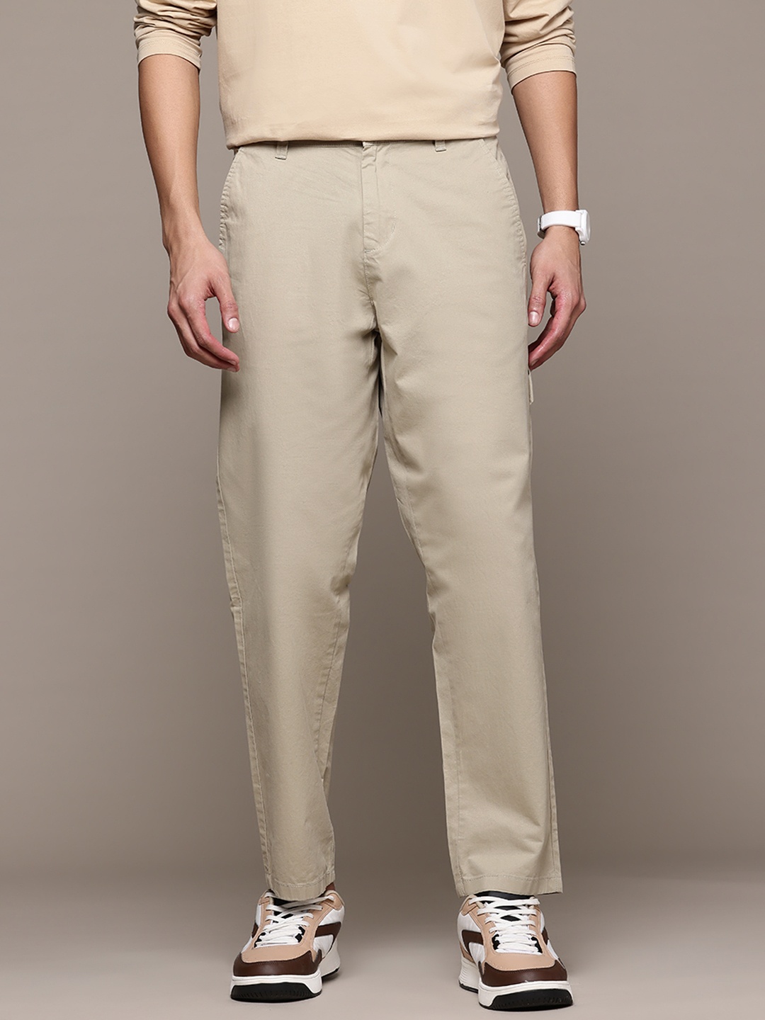 

The Roadster Lifestyle Co. Men Pure Cotton Relaxed Fit Trousers, Beige