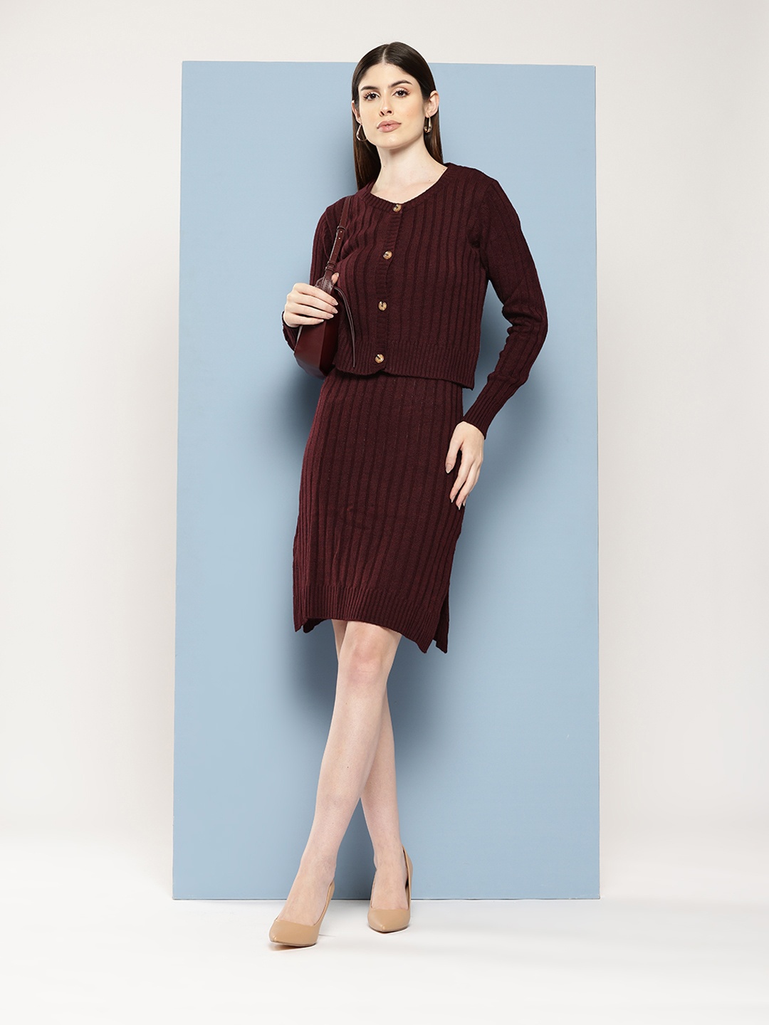 

Chemistry Acrylic Dress with Cardigan, Burgundy