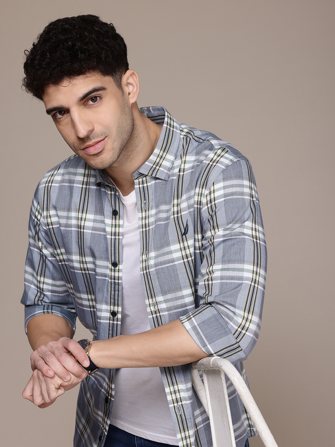 

Nautica Classic Self Checked Pure Cotton Casual Shirt, Navy blue