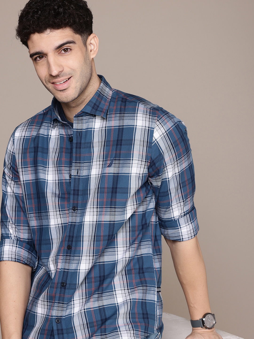 

Nautica Classic Fit Tartan Checked Pure Cotton Casual Shirt, Blue