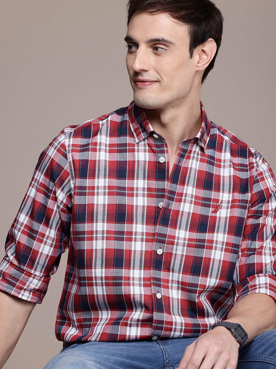 

Nautica Pure Cotton Classic Fit Opaque Checked Casual Shirt, Red
