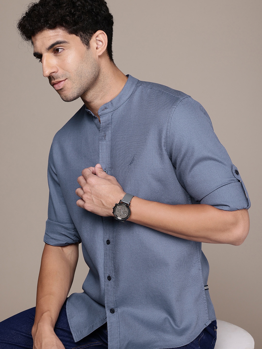 

Nautica Slim Fit Self Design Opaque Pure Cotton Casual Shirt, Blue