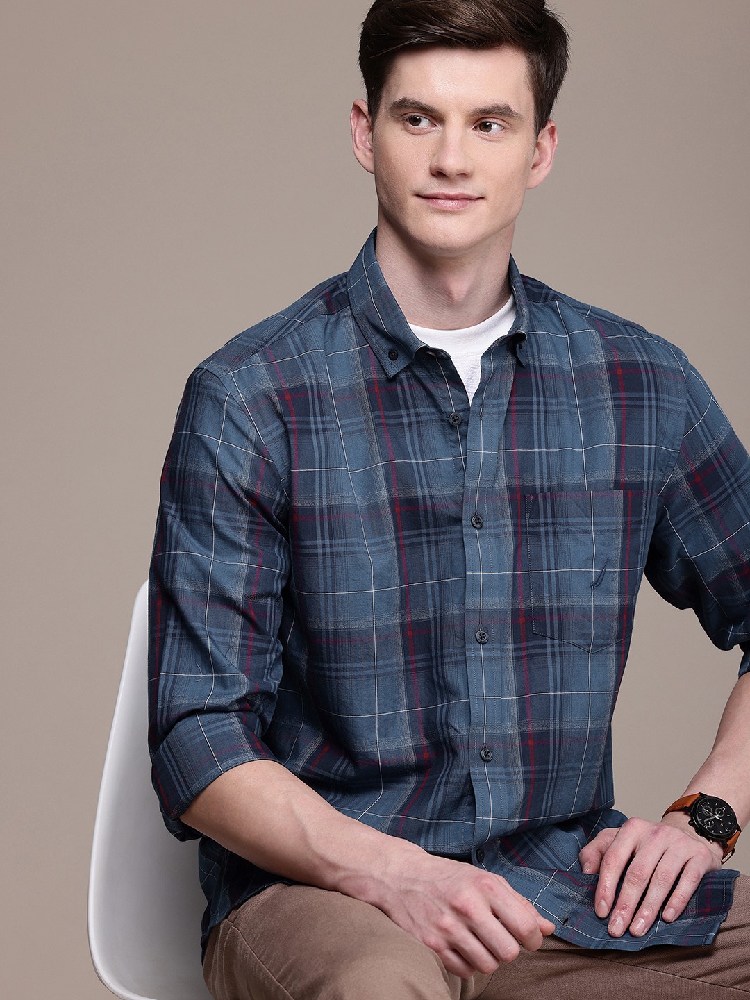 

Nautica Pure Cotton Classic Fit Checked Casual Shirt, Blue