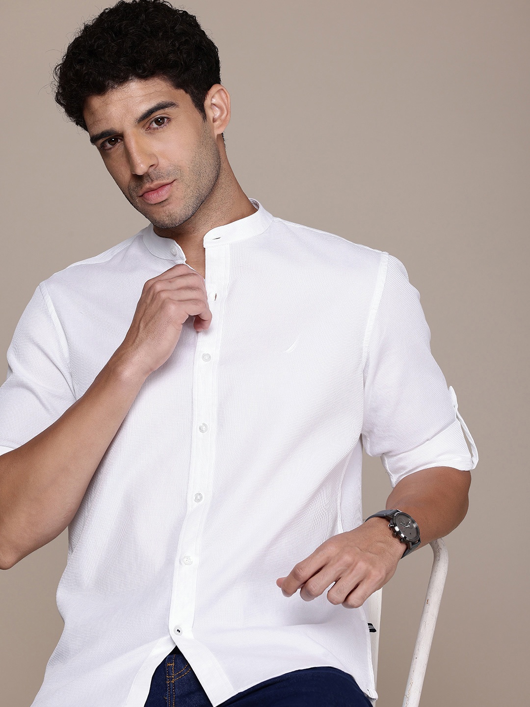 

Nautica Slim Fit Self Design Opaque Pure Cotton Casual Shirt, White