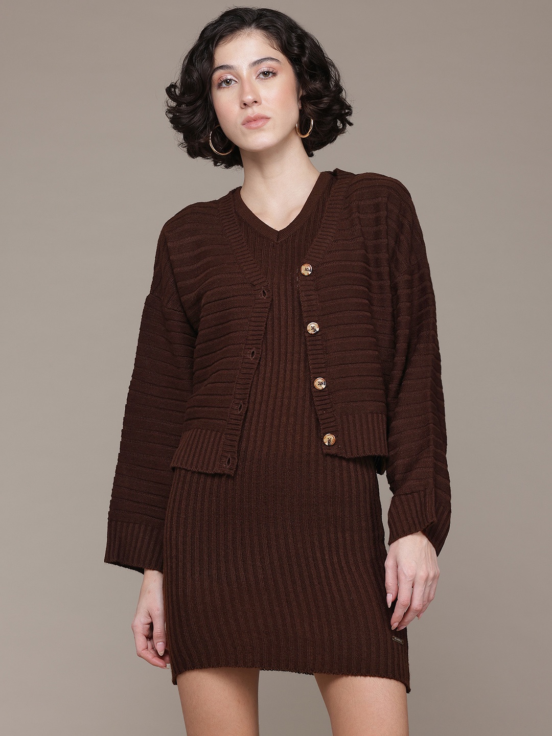 

The Roadster Lifestyle Co. Ribbed Mini Sweater Dress with Cardigan, Brown