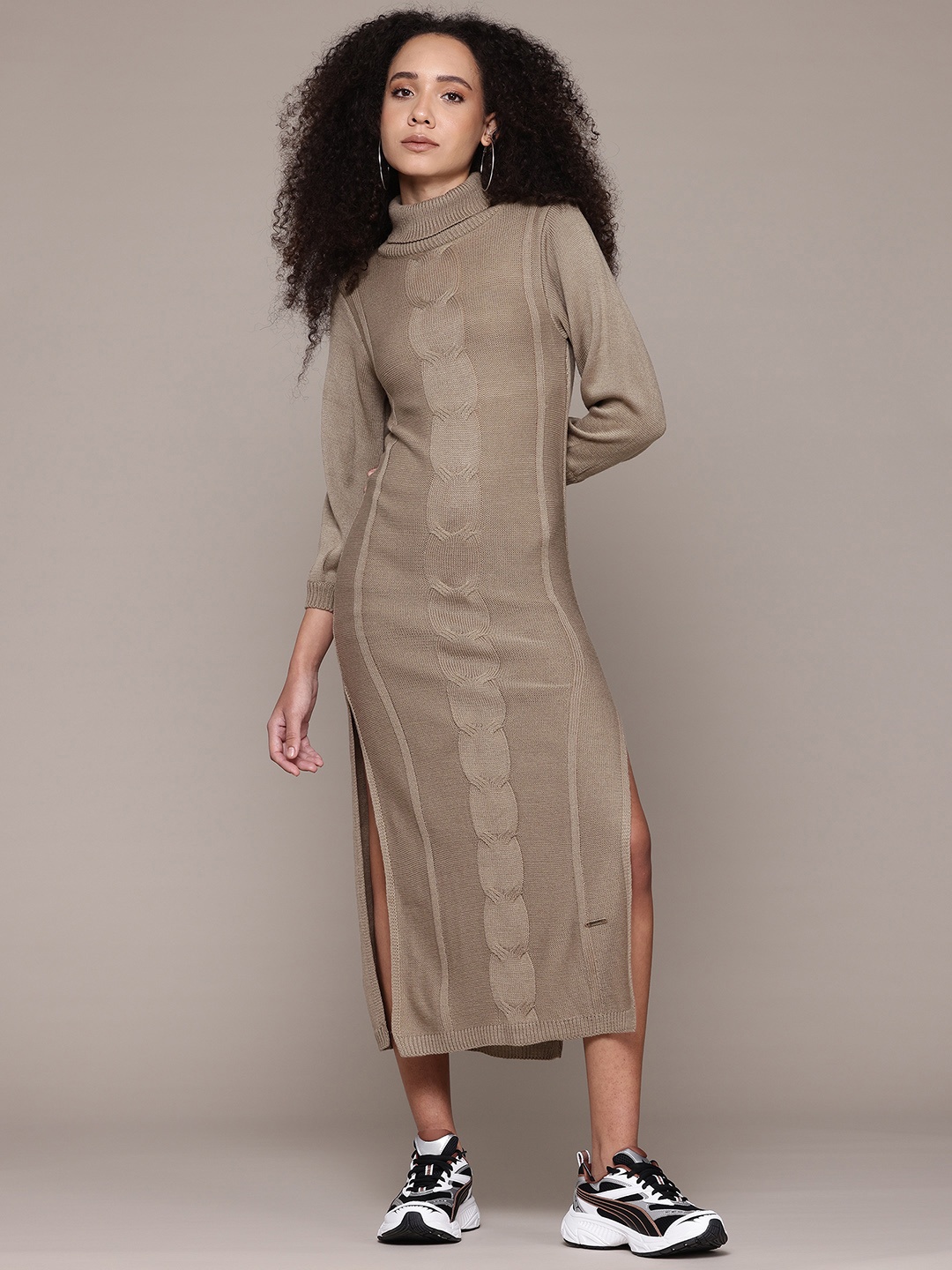 

The Roadster Lifestyle Co. Cable Knit Acrylic Side Slits Sweater Dress, Taupe