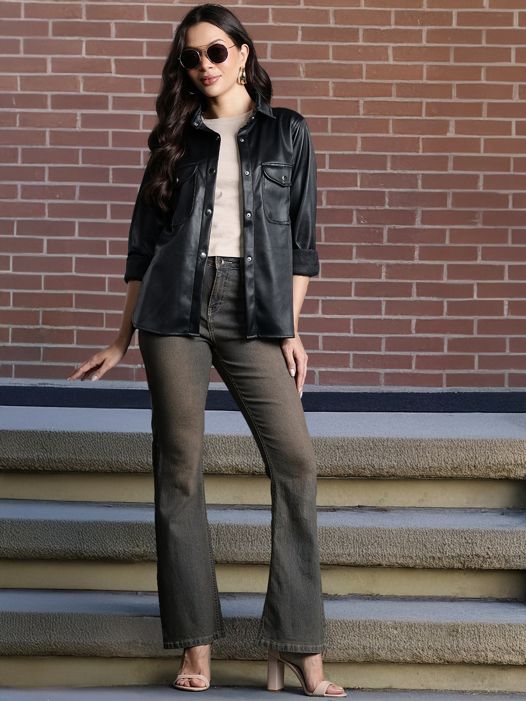 

DressBerry Faux Leather Shirt, Black