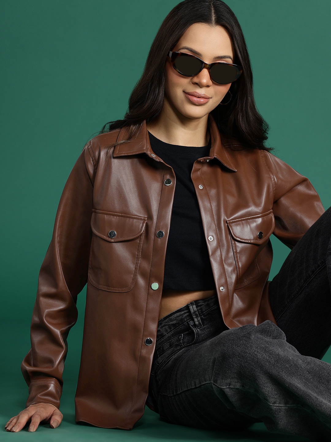 

DressBerry Faux Leather Shacket, Brown