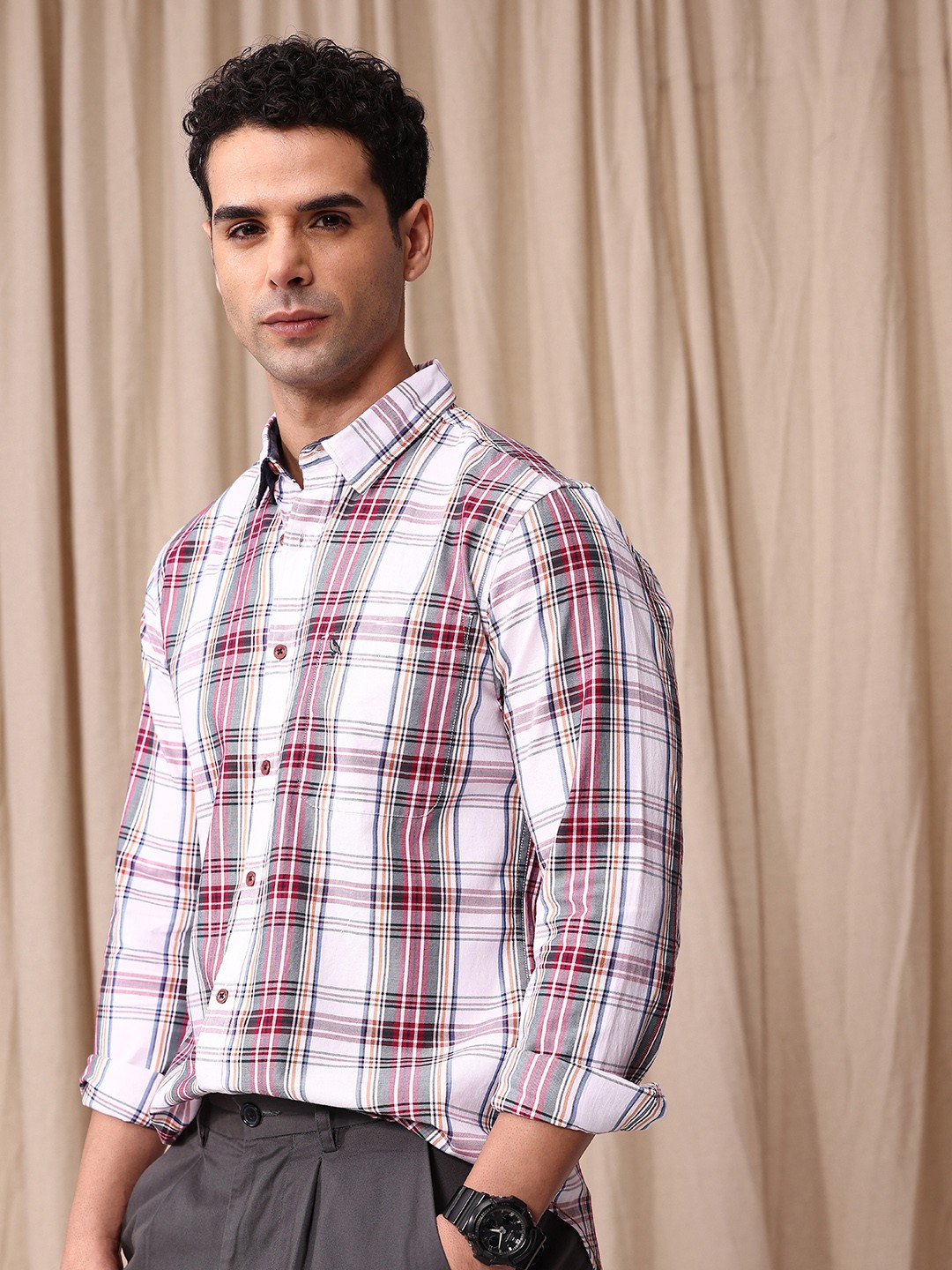

Mr Bowerbird Men Tailored Fit Tartan Checks Opaque Pure Cotton Casual Shirt, White