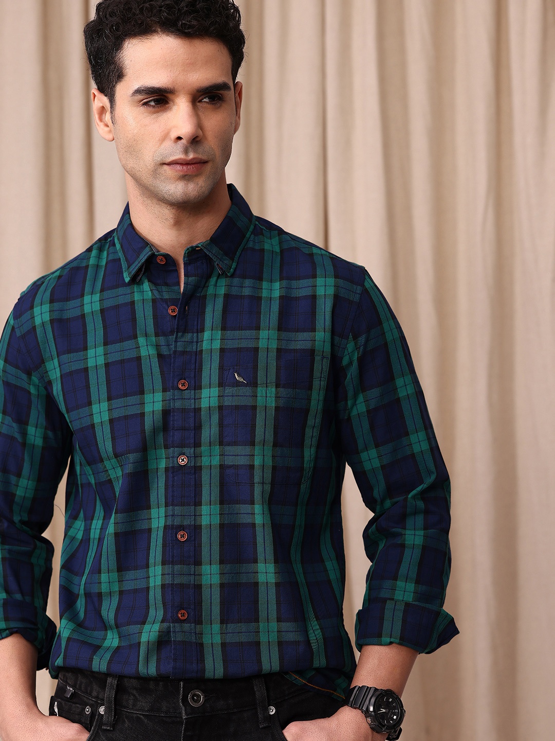 

Mr Bowerbird Men Tailored Fit Tartan Checks Opaque Pure Cotton Casual Shirt, Navy blue