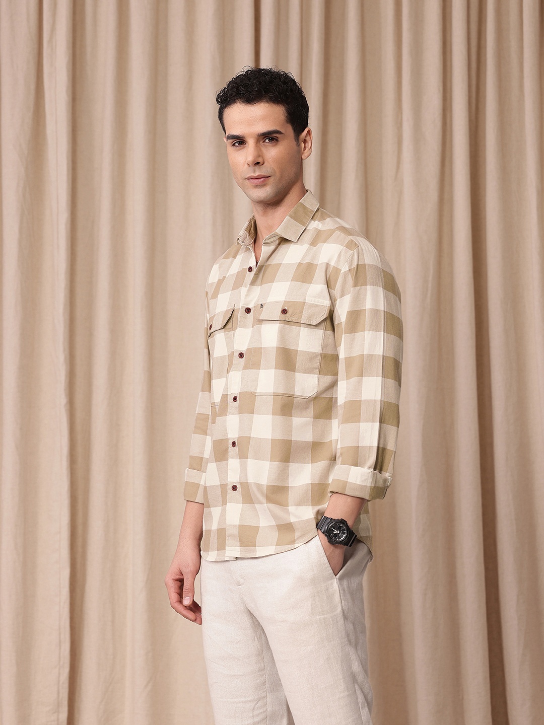 

Mr Bowerbird Buffalo Checked Oversized Pure Cotton Casual Shirt, Beige