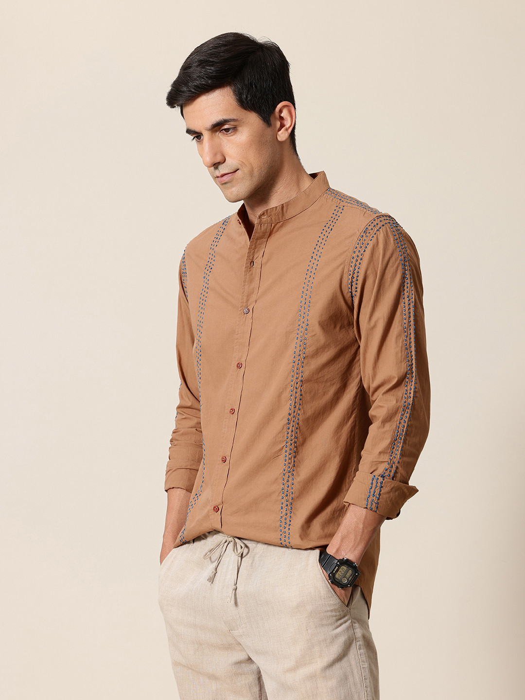 

Mr Bowerbird Pure Cotton Embroidered Tailored Fit Opaque Casual Shirt, Brown