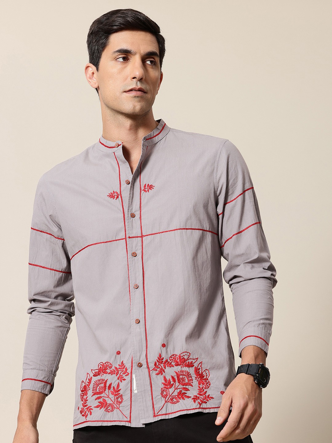 

Mr Bowerbird Pure Cotton Floral Embroidered Tailored Fit Opaque Casual Shirt, Grey